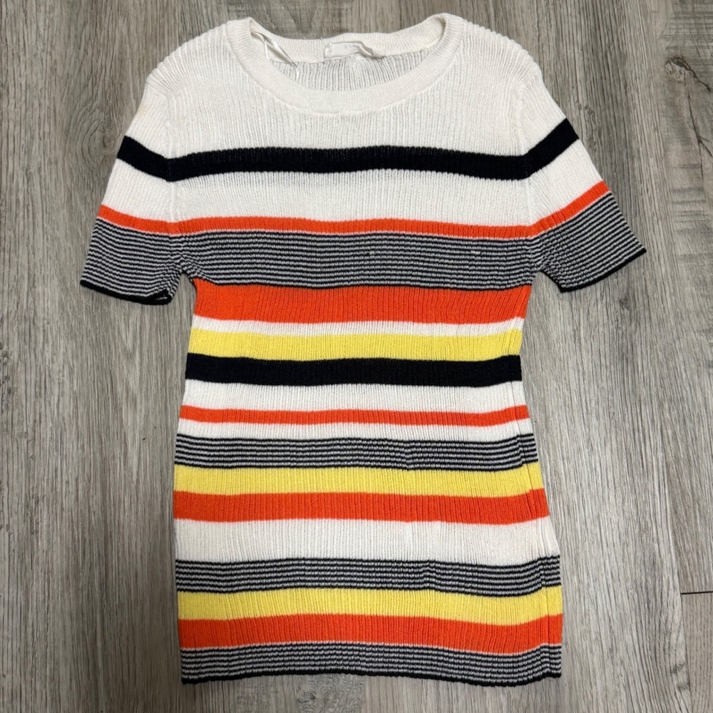 Elodie Striped Ribbed Knit Short Sleeve Top Women Medium
